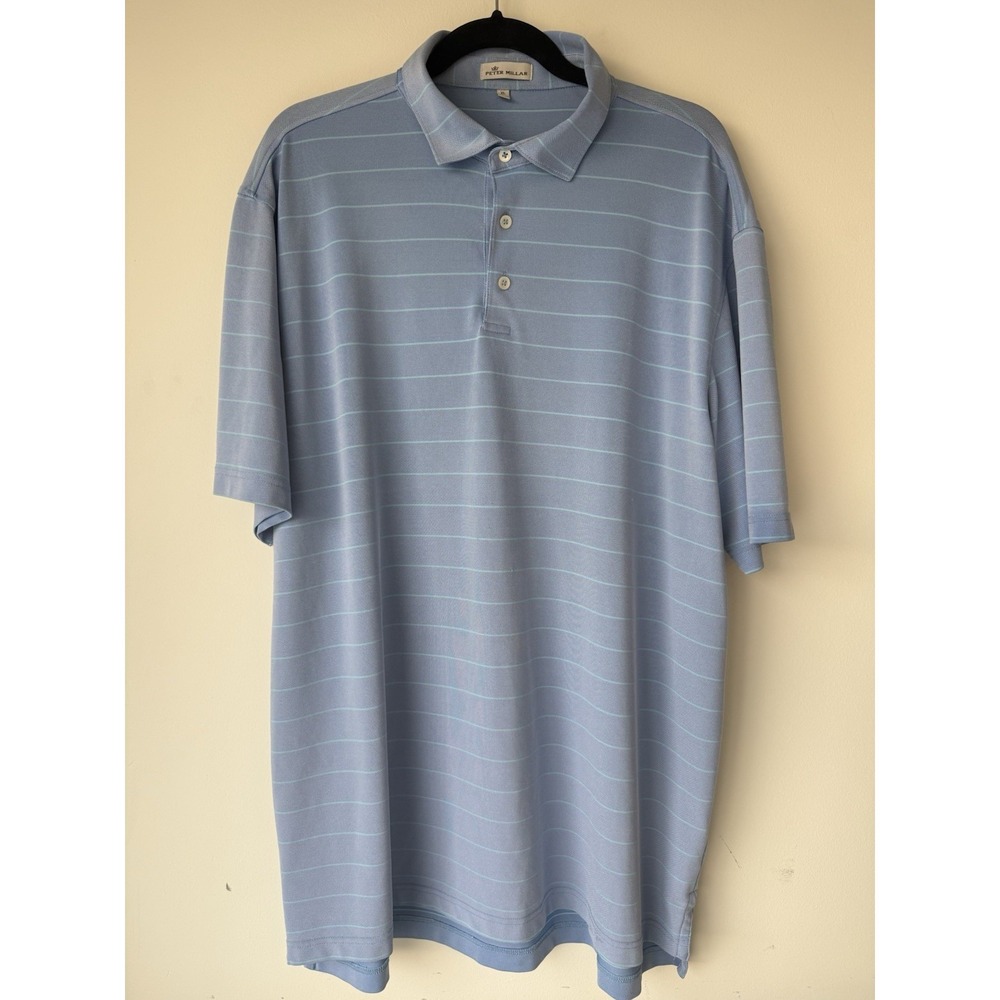 Peter Millar Polo Shirt Mens XL Blue Striped Performance Short Sleeve Golf
